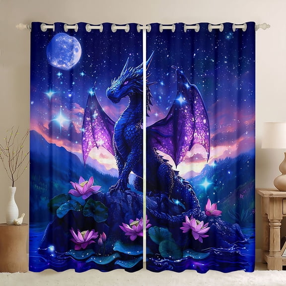 jejeloiu Western Fansty Theme Black Out Curtains,Magic Animal Dragon Curtains Pack of 2 (42x63 Each),Rustic Pink Lotus Lesf Bedroom Curtains For Girls Boys,Ultra Soft Home Decor