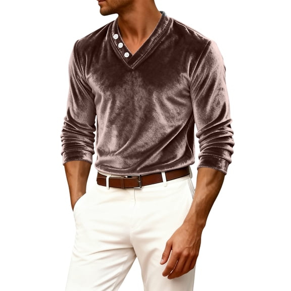 Dresfit Mens Velvet Shirt Henley V Neck Party Shirts Summer 2026 Big and Tall Long Sleeve Tops Loose Fit Velour Holiday Mardi Gras Pullover Coffee XL