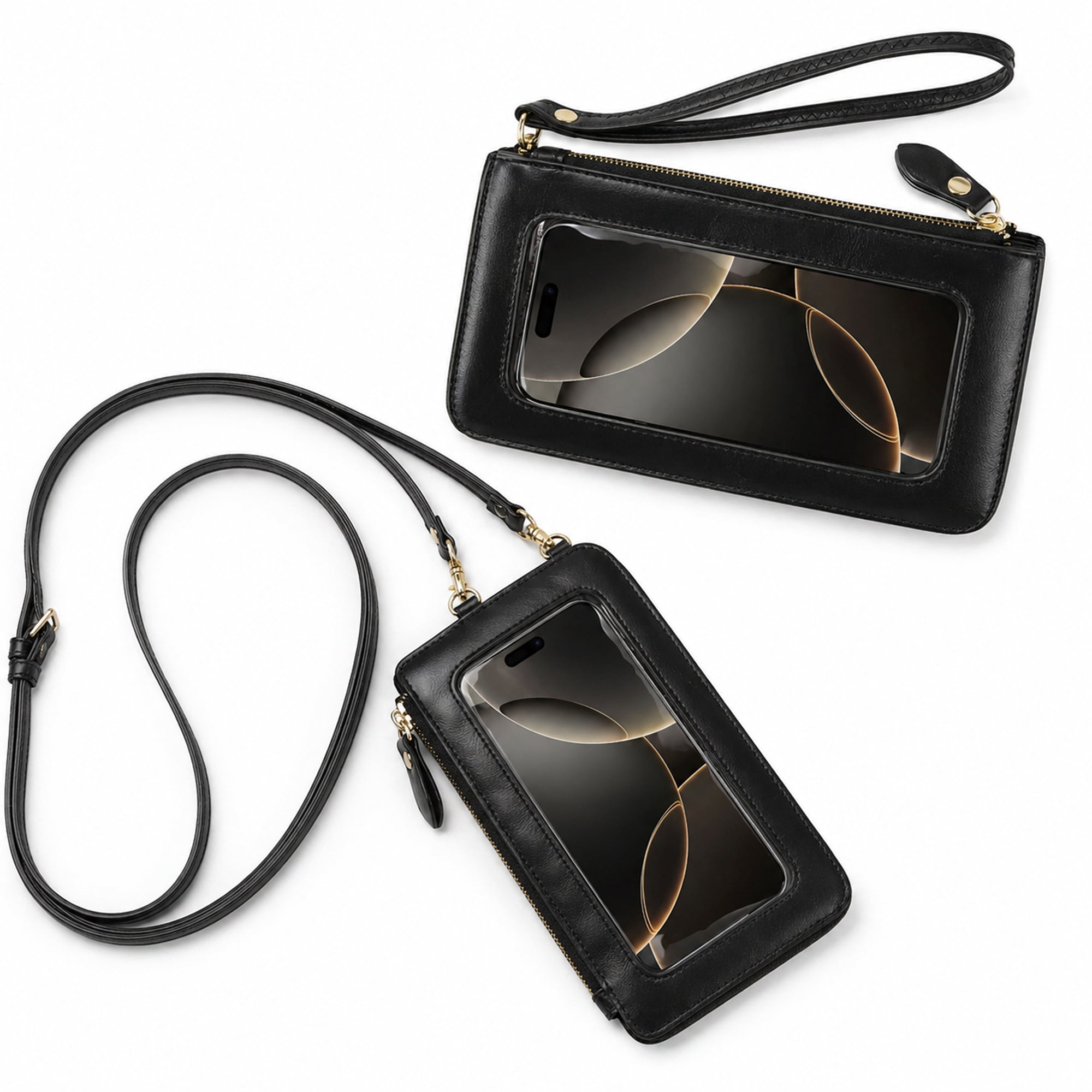 Touch Screen Phone Crossbody Bag, Mini Smartphone Shoulder Pouch with Clear Window Black