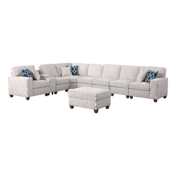 Pemberly Row 9-Piece Fabric Upholstered Sectional With Console & Ottoman-Beige