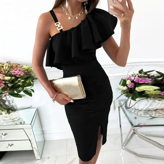 Xihbxyly Off Shoulder Formal Dresses for Women, Women's Summer Sexy Sloping Shoulders Ruffle Sleeveless Sling Hip Wrap Slit Solid Slimming Dresses Off Shoulder Formal Dress Bodycon Dress Women