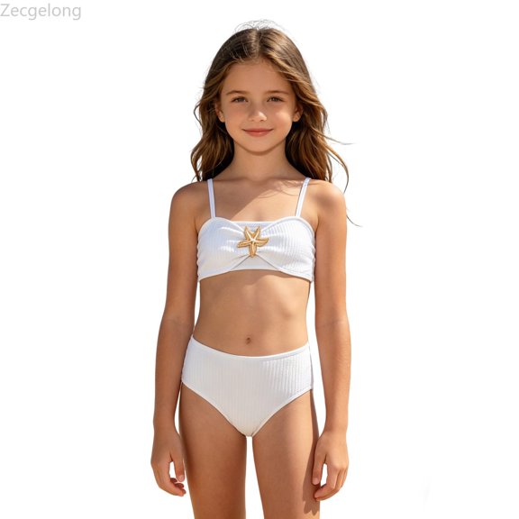 Zecgelong High Waist Two Piece Swimsuits For Teen Girls Solid Color Control Bathing For Swimming Pool And Beach White Size 9-10 Years
