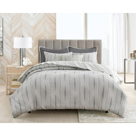 Studio 16, Toronto -Rowan Yarn Dyed Cotton Matelassé Duvet Cover Set (Full/Queen) - Modern Subtle Textured Design, Soft & Breathable - Grey