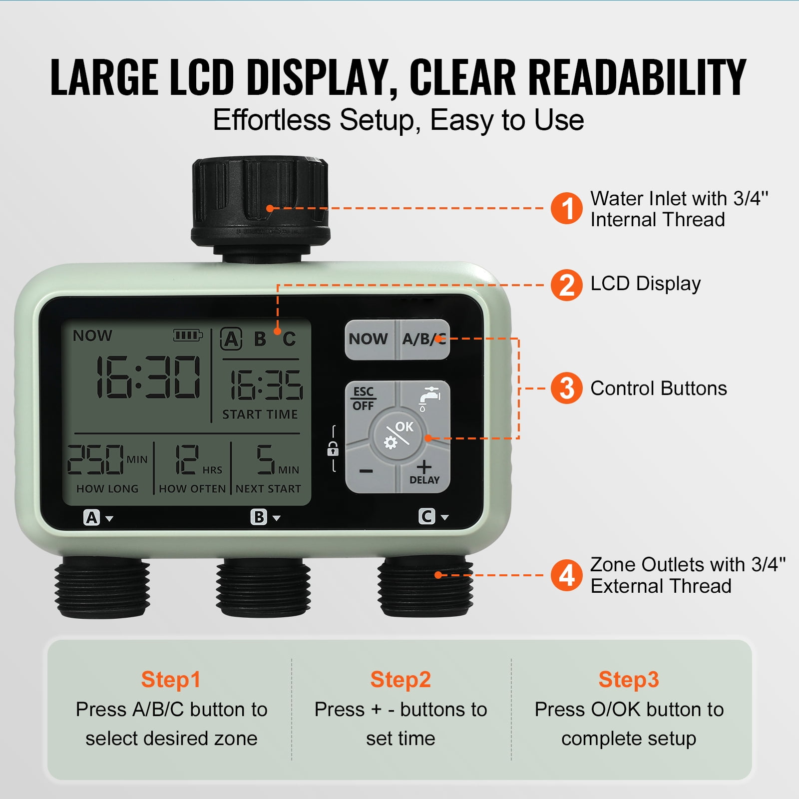 KFFKFF Water Scheduler, Triple Outlets, Sprinkler Control Timer, featuring Trio Independent Zones, LCD Screen, Rain Postpone Function, Hand-Operated Setting, 360?? Brass Connection, Metal Strainer