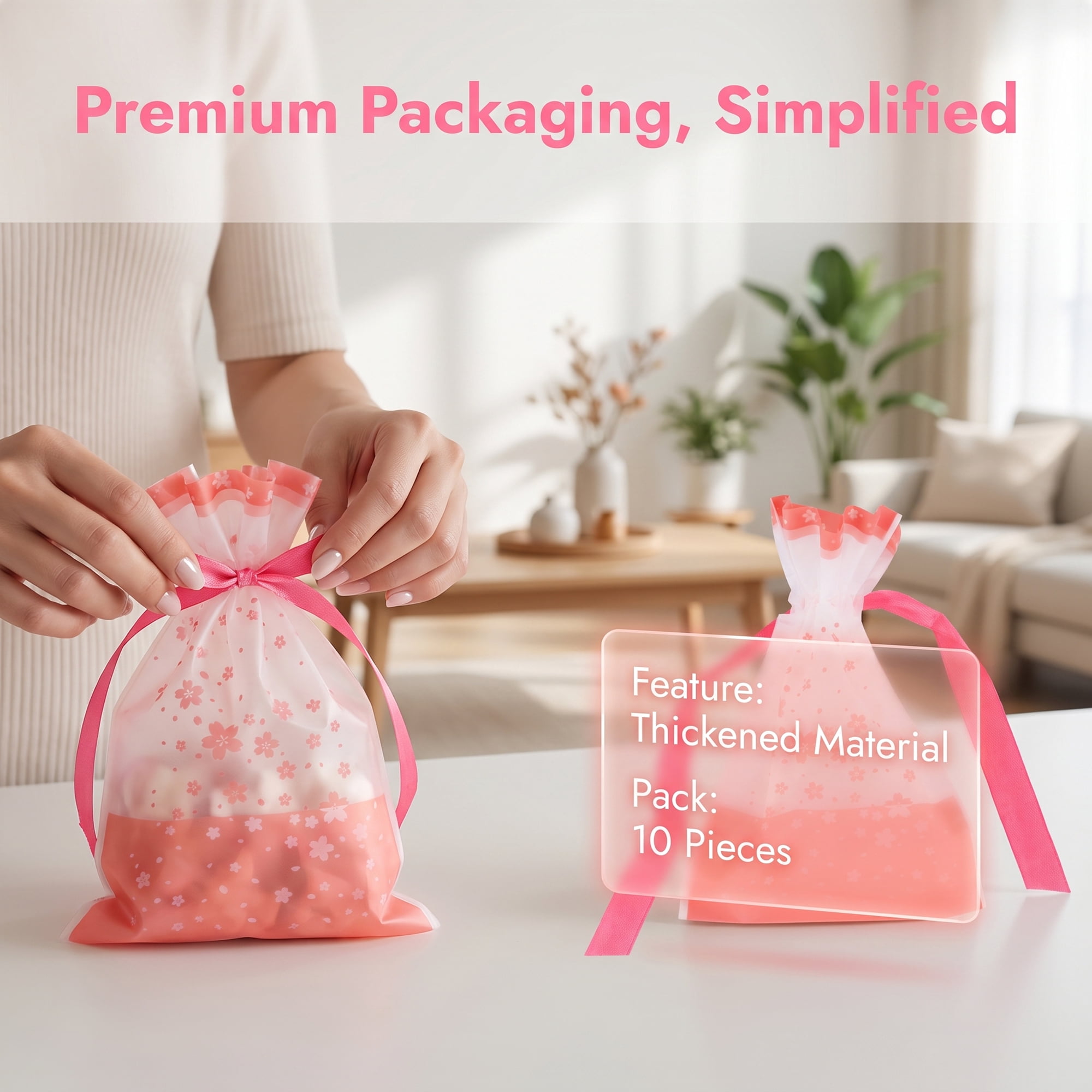 Unique Bargains 10Pcs Waterproof Gift Bags with Handles Pink Cherry Blossoms 4.7" x 6.7"