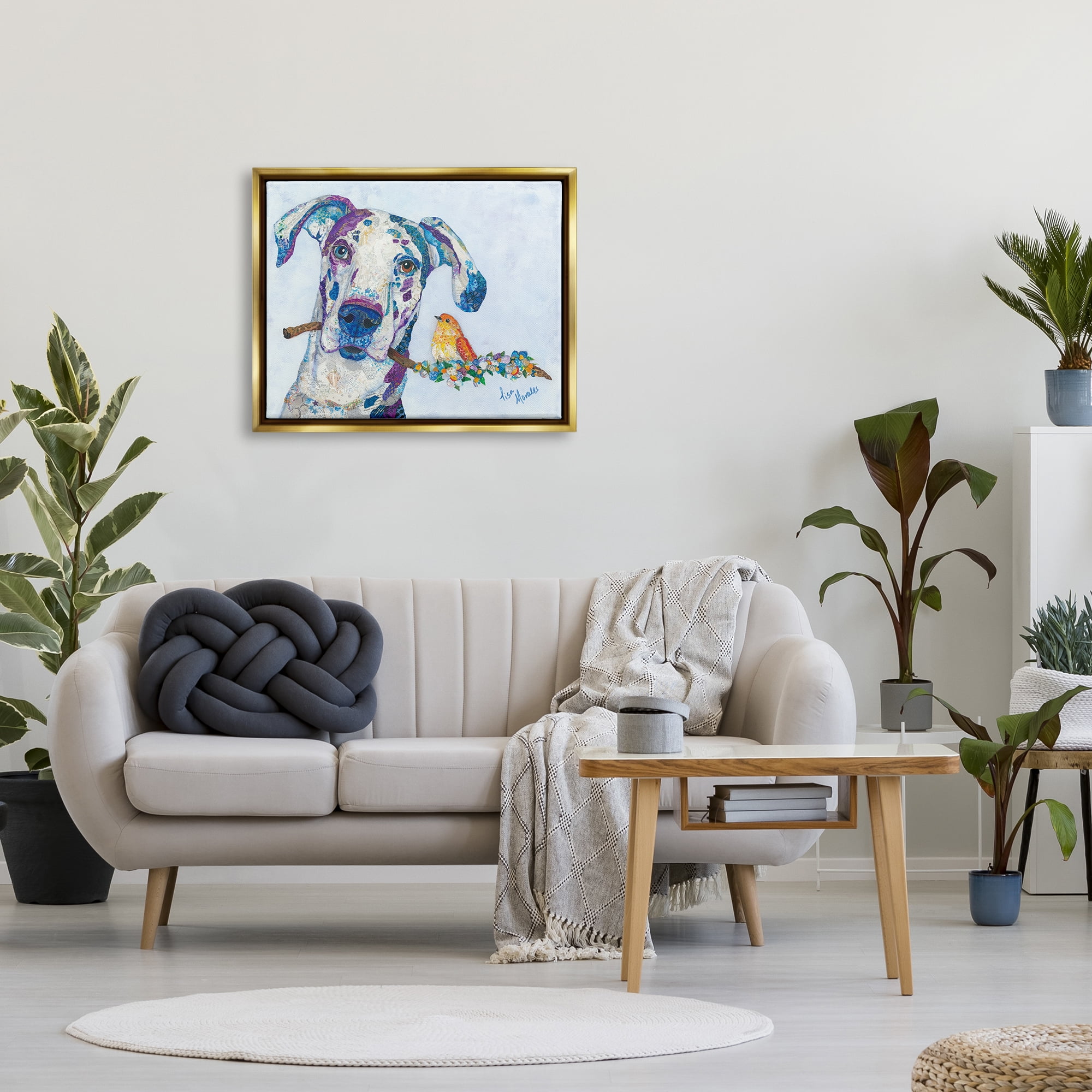 Stupell Industries Dane & Songbird Perched Branch Floral Dog Collage Painting Metallic Gold Floating Framed Canvas Print Wall Art, Design by Lisa Morales