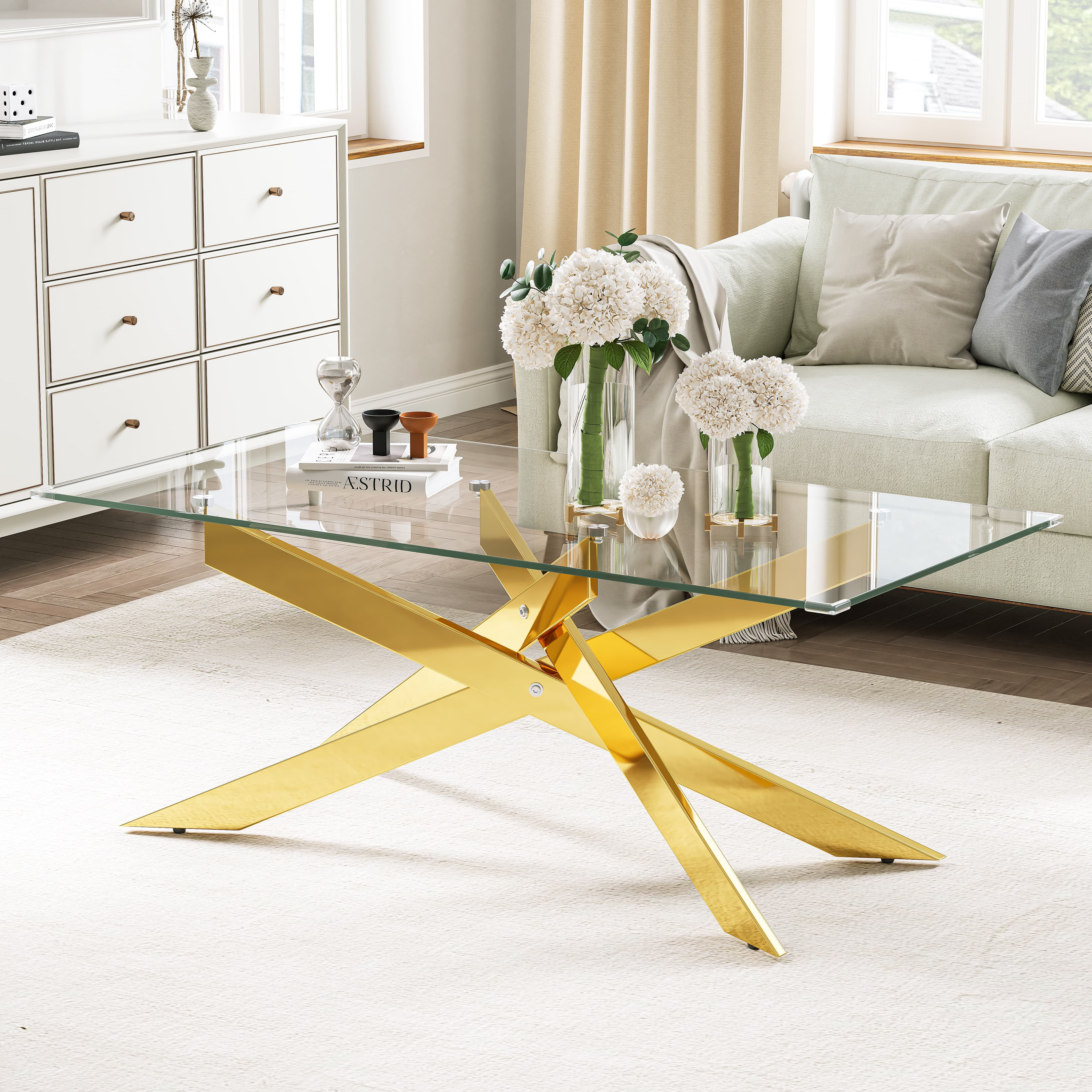 3-Piece Tempered Glass Table Set, Coffee Table, Console Table & End Table with Geometric Metal Legs for Living Room, Office