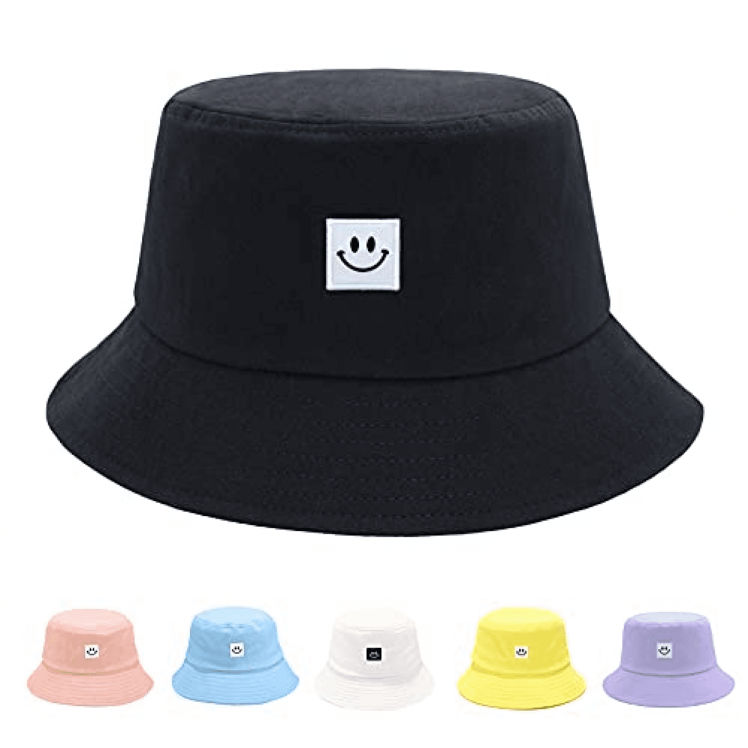 Black, Blue, White Summer Travel Bucket Sun Beach Hats Outdoor Visor Cap for Boys Girls 3 Pieces Kids Smile Face Bucket Hats