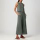 thumbnail image 4 of Conjunto de dos piezas de lino de color liso para mujer: top corto sin mangas con botones y pantalones de pierna ancha, tejido transpirable para el verano, 4 of 8
