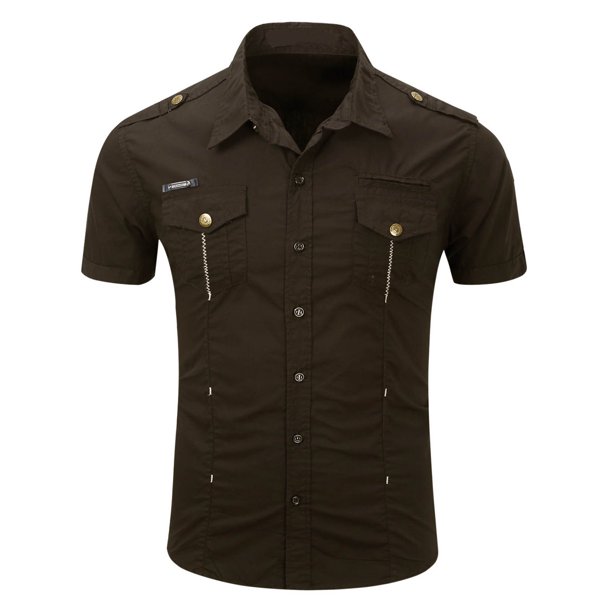 Blusa y camisa de manga corta con cuello vuelto para hombre, camisa vaquera de manga corta con solapa de color liso, blusa militar para hombre
