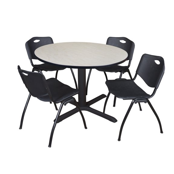 Romig Pillar 48 in. Round X-Base Breakroom Table- Maple & 4 M Stack Chairs- Black