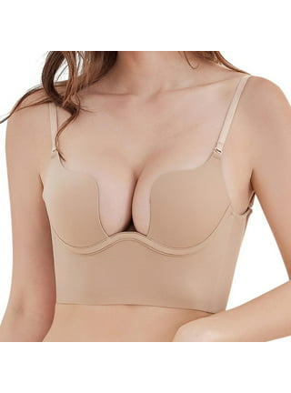 Women's Low Cut Deep U Plunge Bra - Padded Push Up V Shape Backless  Longline Bras With Convertible Clear Straps