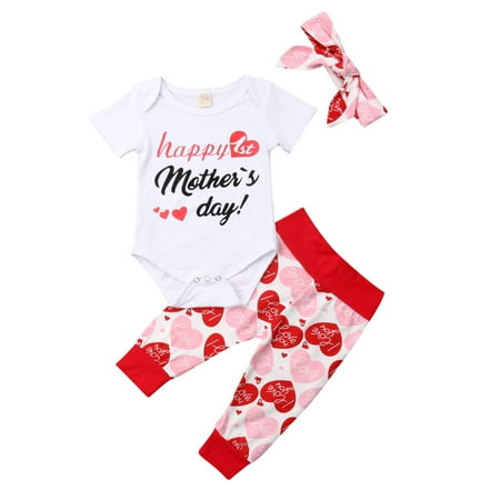 

Toddler Summer Outfits Letter Print Short-Sleeves Rompers + Casual Pants + Headband Suit for Baby Girls