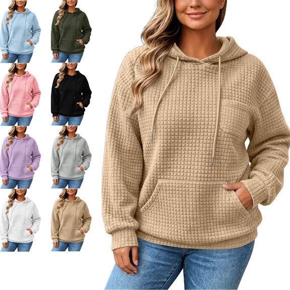 MLCDZ Women Fall Waffle Hoodies Pullover Hooded Long Sleeves Sweatshirt Drawstring Loose Fit Vacation Travel Oversized Tops with Pocket