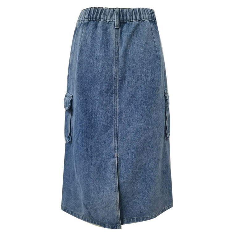 Women Denim Cargo Long Skirts Y2K Streetwear High Waisted Pencil