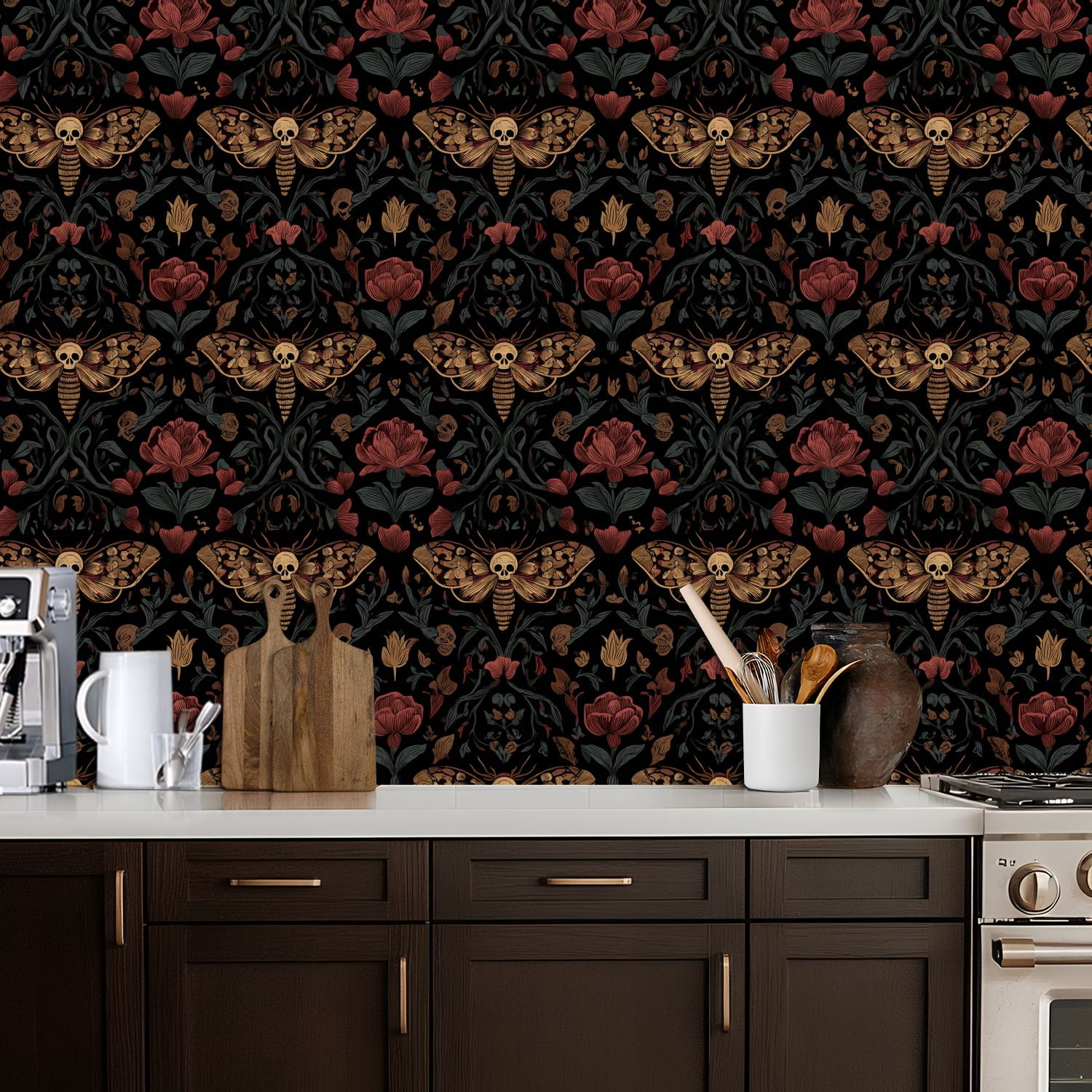 Vintage Peel and Stick Wallpaper Dark Gothic Moth Skull Red Flowers Botanical Wall Mural 17.7in x 9.8ft Self Adhesive Removable Wall Paper Renter Friendly Wallpaper for Nursery Bedroom Cabinets