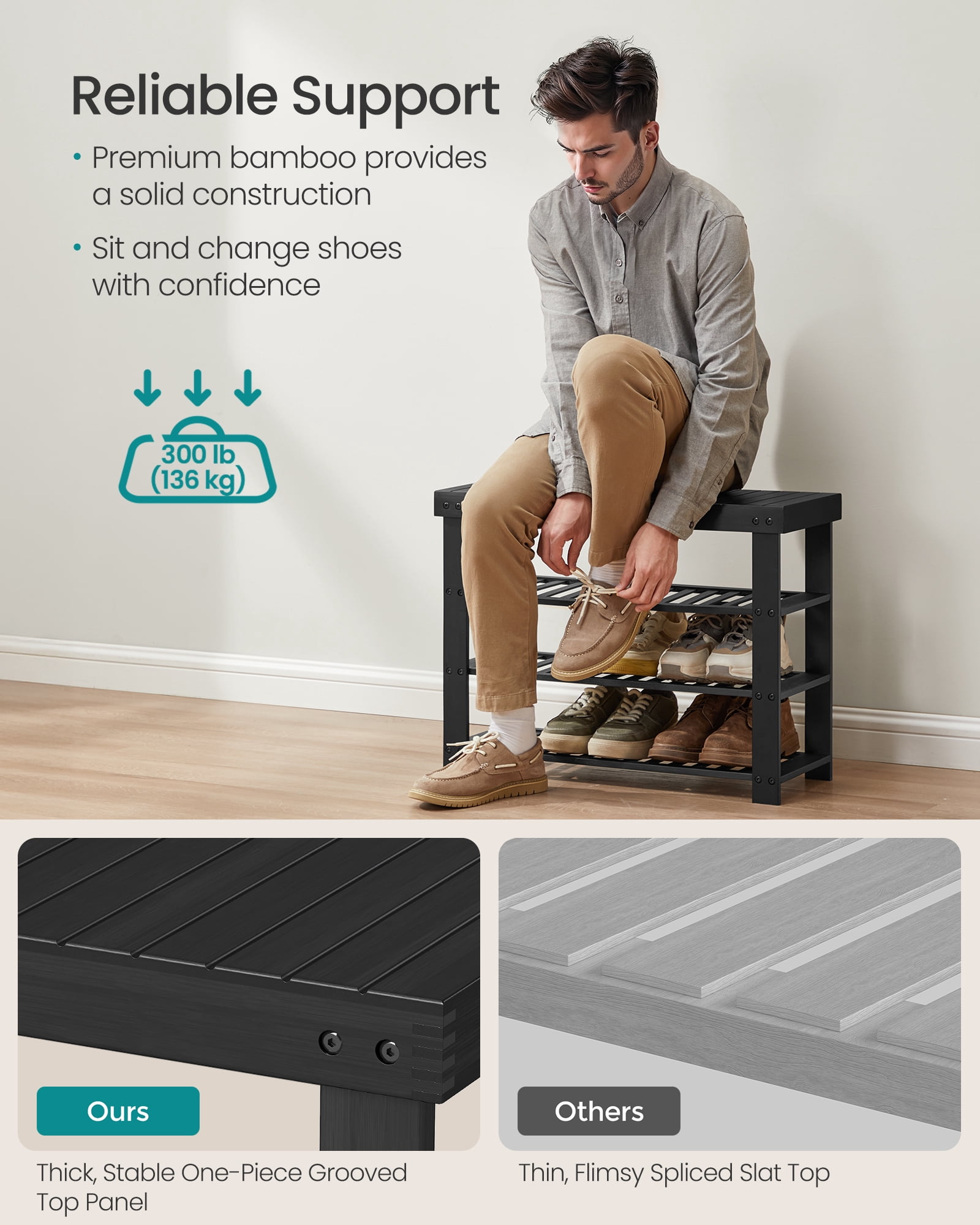 SONGMICS Shoe Rack Bench, 3 Tier Bamboo Shoe Storage Organizer, Entryway Bench, for Living Room, Bathroom, Bedroom, 11.3 x 27.6 x 20.5 Inches, Ink Black