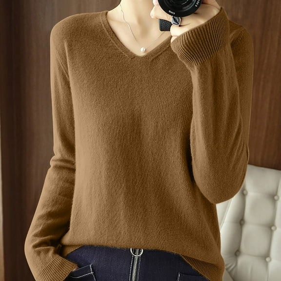 Goodtrade8 Sweater Women Trendy Knitted Lightweight Pullover Casual Long Sleeve V-Neck Solid Color Sweaters for Women Tops