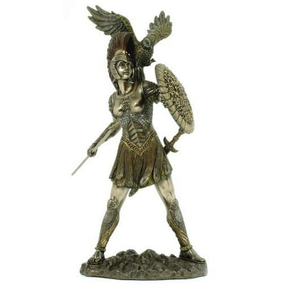 Athena (Minerva) & Owl Greek Roman Goddess of Wisdom Statue, Real Bronze Powder Cast Sculpture 12-inch
