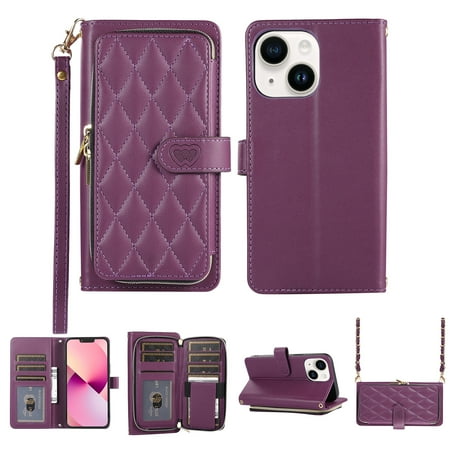 Crossbody Wallet Case for iPhone 15 Chain Lanyard & Wrist Hand Strap Case with Card Slots Zipper Pocket Kickstand Premium PU Leather Magnetic Clasp Shockproof Flip Cover Darkpurple
