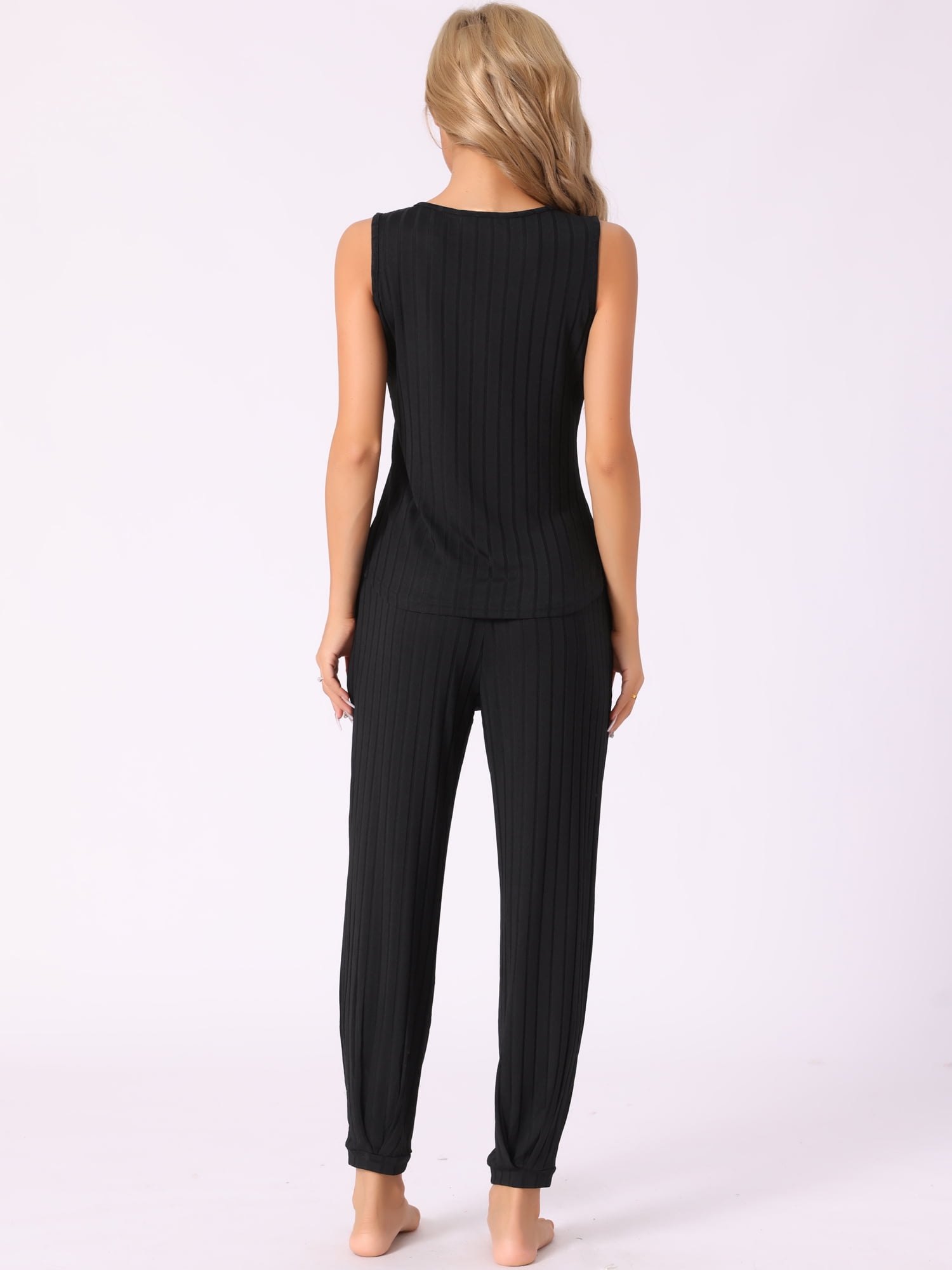 DARING DIVA Women's Pajamas Loungewear Knit V Neck Tank Tops with Pants Set Black XS