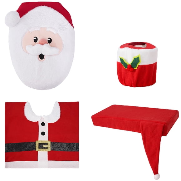 WIFKLSIIPG Christmas Toilet Cover Santa Fluffy Four Piece Toilet Cover Bathroom Christmas Decorations Lifestyle Products