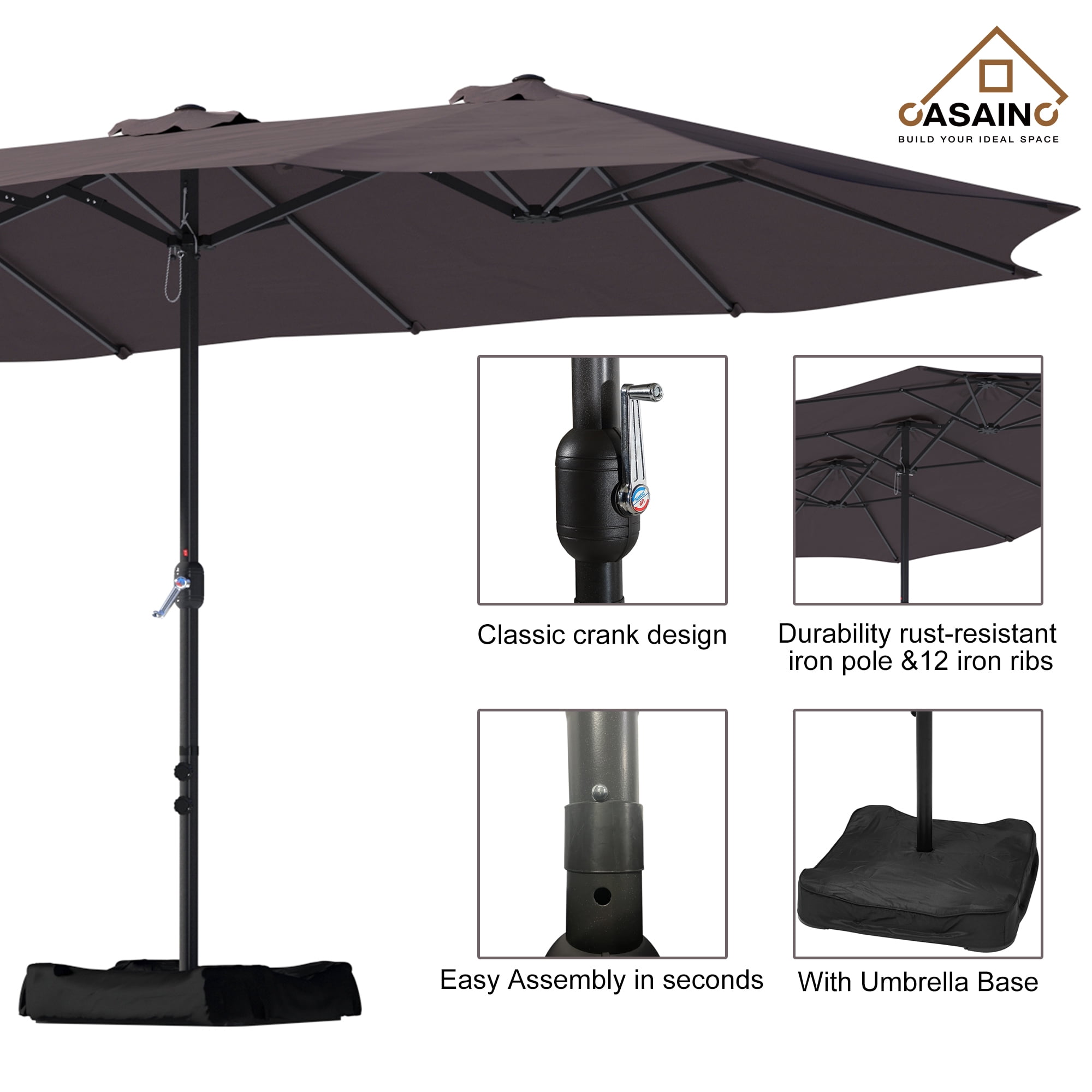 CASAINC 15 ft. Steel Market Patio Umbrella Double-Sided Twin Large Patio Umbrella with Base in Coffee