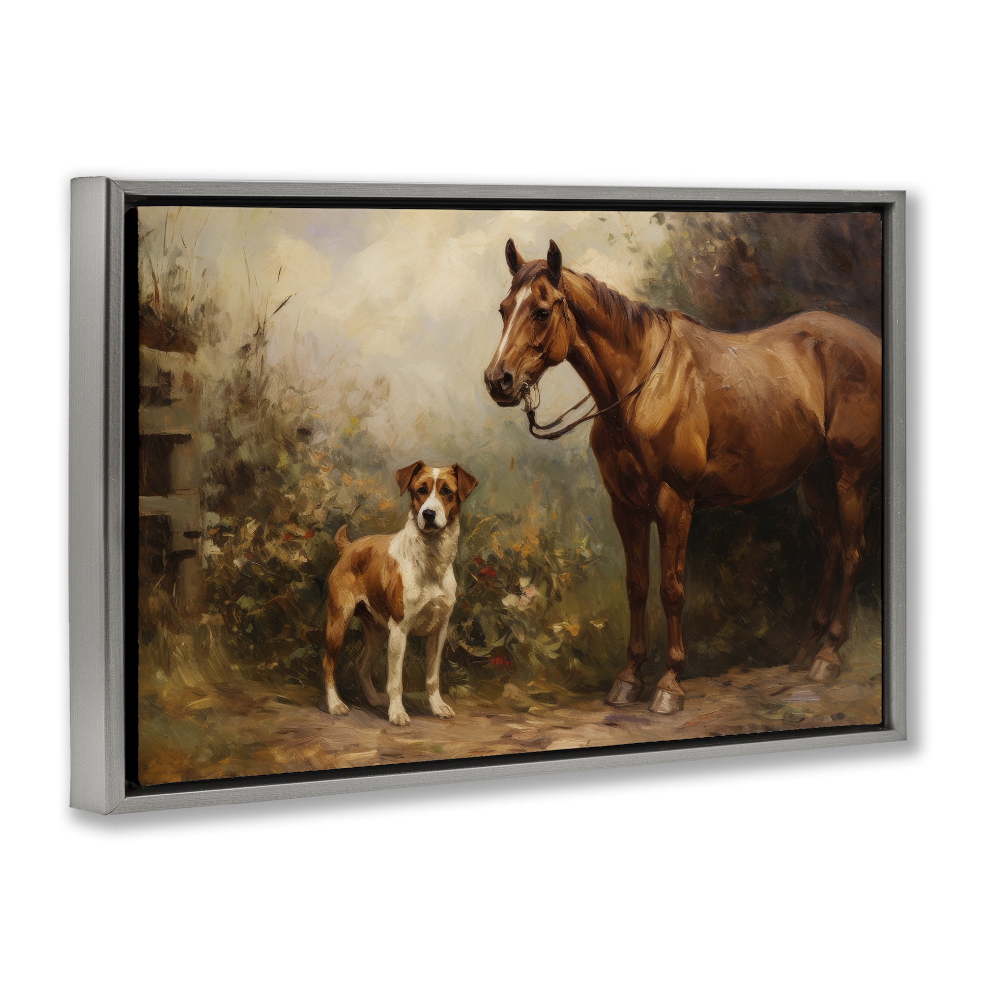 Stupell Industries Horse & Dog in Nature Landscape Painting Gray Floater Framed Canvas Art Print Wall Art, 25 x 17