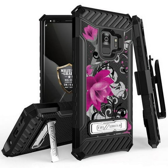 Galaxy S9 Case, Trishield Durable Rugged Heavy Duty Phone Cover With Detachable Lanyard Loop Belt Clip Holster And Built in kickstand For Samsung Galaxy S9 - Printed Lotus