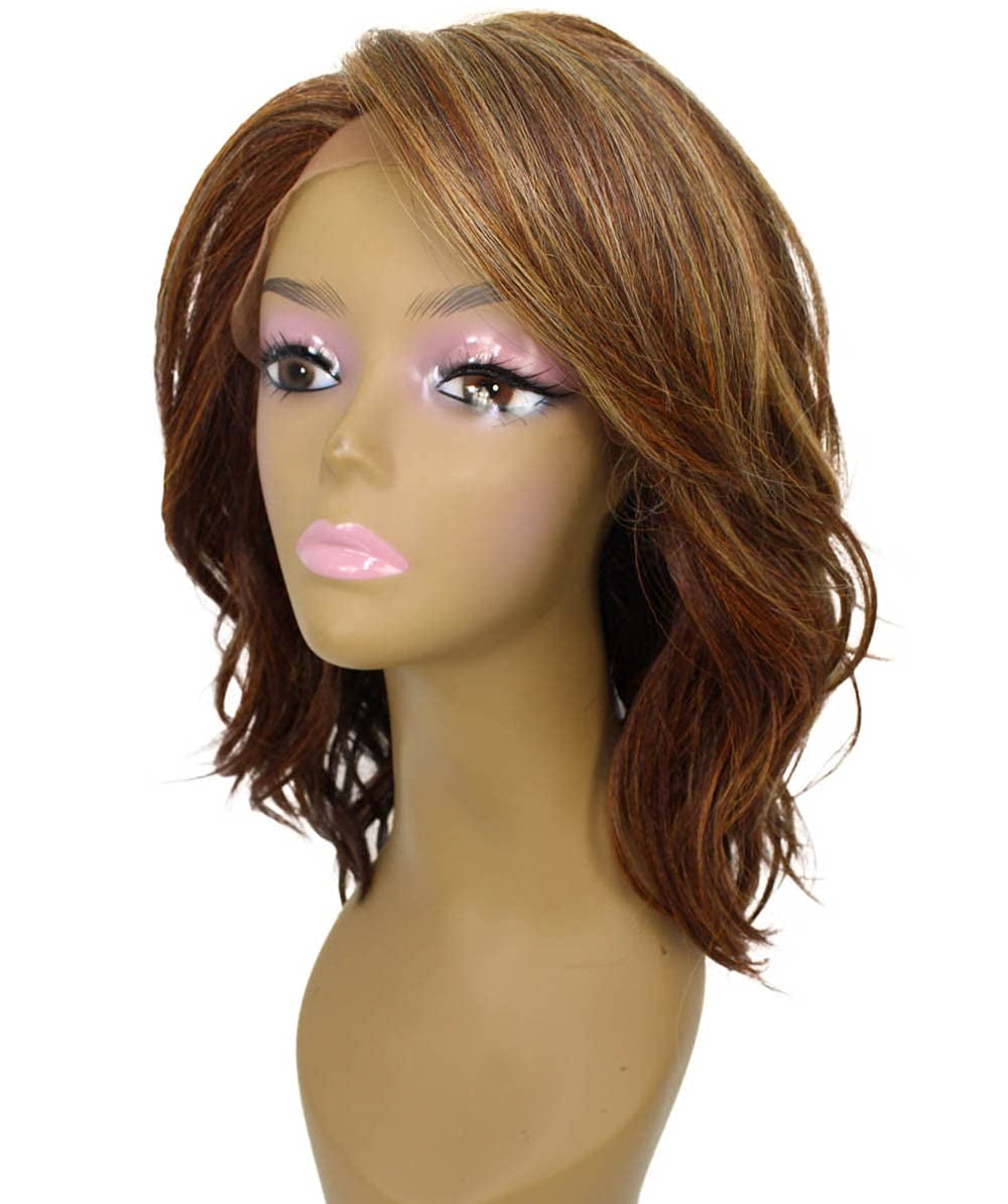 LUXLUXE Rayana Wavy 15 Inch Long 4X4 Hand-Tied Lace Front Wig, Heat Resistant Fiber, 20+ Shades of Natural, Dip Dyed, & Blended Colors (#BX4335 - Auburn Brown Blend)