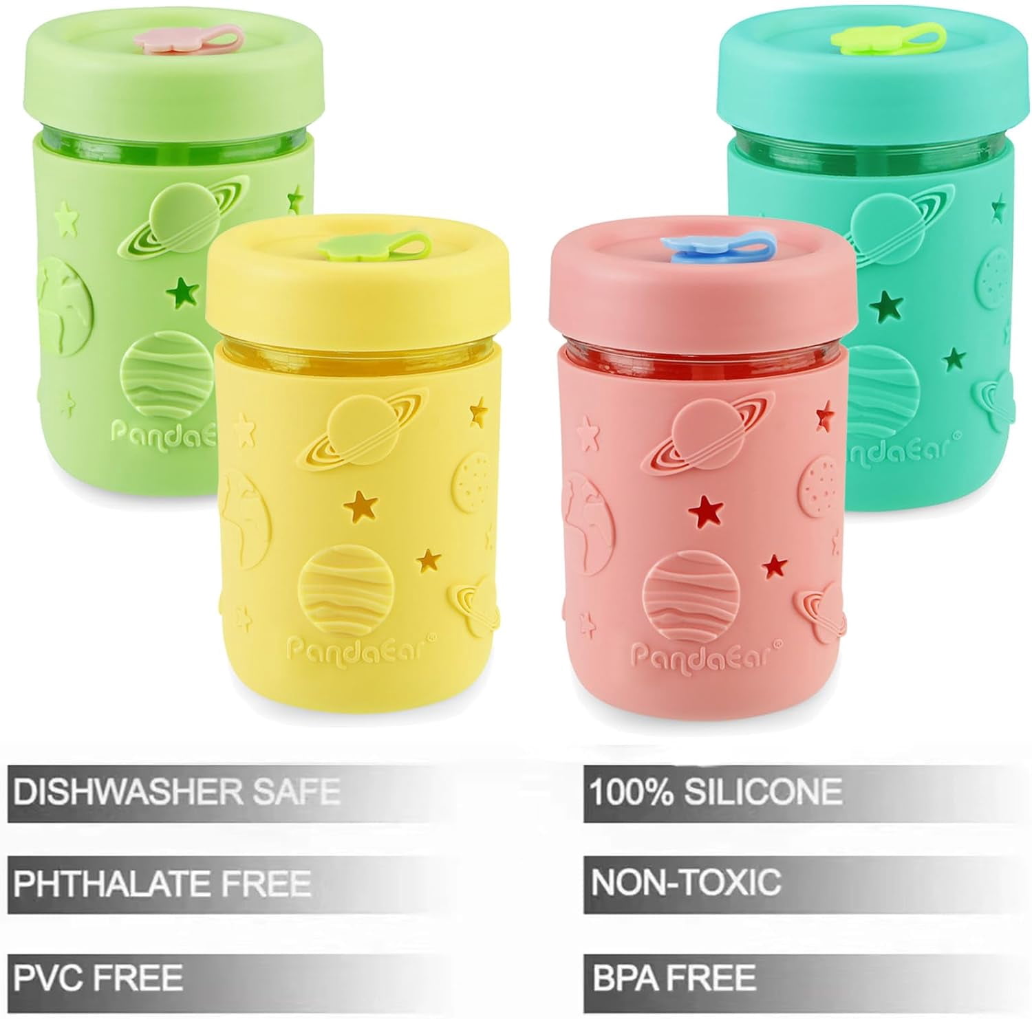 PandaEar Kids & Toddler Glass Cups, 4 Pack Glass Mason Jar Cups 8.45 oz with Silicone Sleeves & Straws, Toddler Spill-Proof Smoothie & Snack Cups
