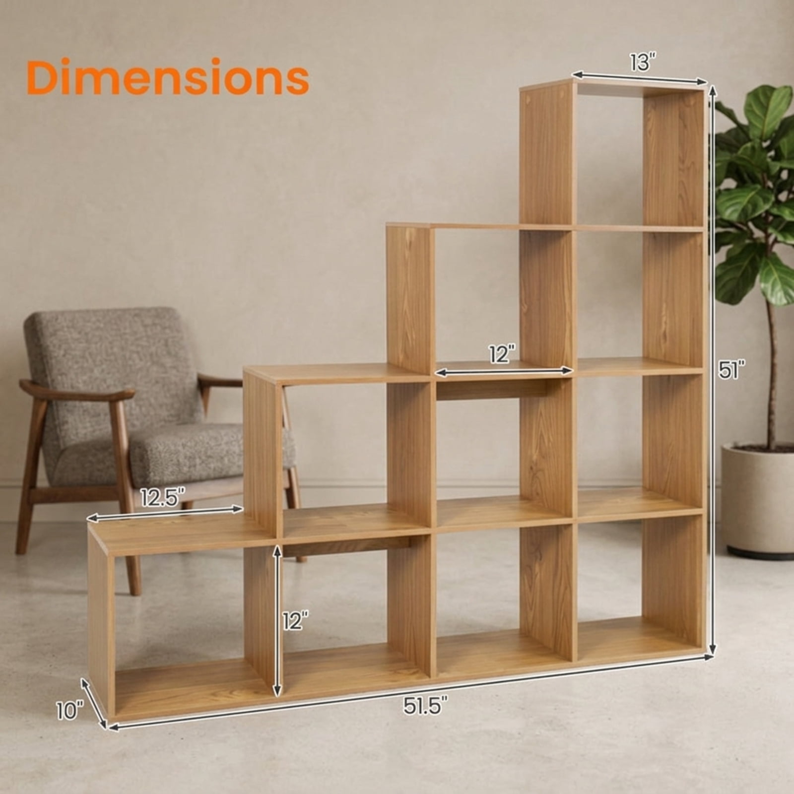 Furnibear 4-Tier Tall Bookshelf with 10 Open Cubes Anti-Tipping Kits and Screw Hole Covers for Home Office and Living Room, White
