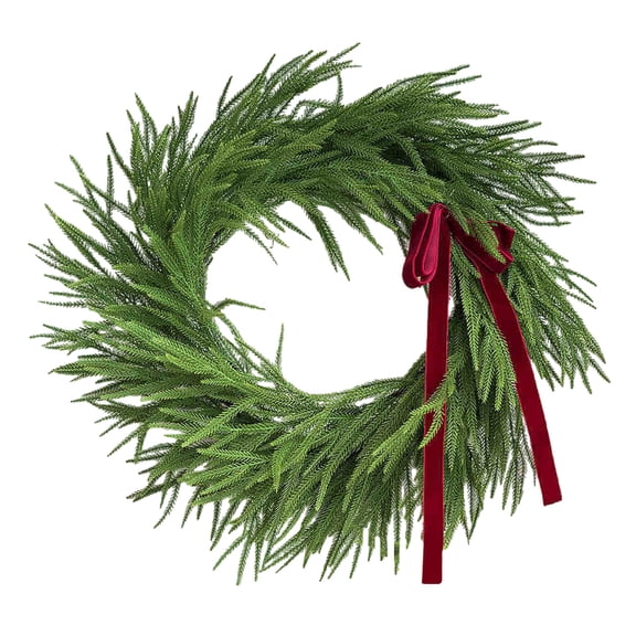 Christmas Wreath with Red Velvet Bow, 24 Inch Artificial Pine Wreath, Holiday Door Decoration for Front Door, Wall, Windows Indoor Outdoor Winter Festival Farmhouse Home Decor