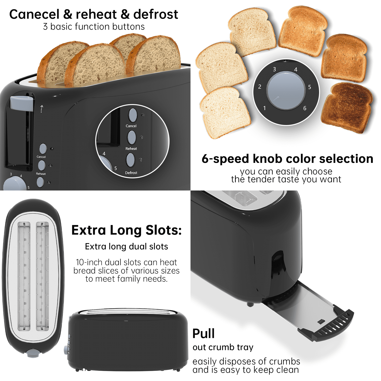4 Slice Extra Long Slot Toaster with 6 Browning Levels & Defrost/Reheat Functions,Black