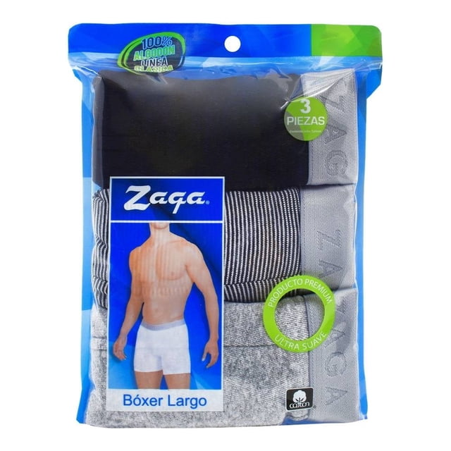 Bóxer Zaga para Hombre, Largo Rayas Negro y Gris 3 Piezas Talla EG