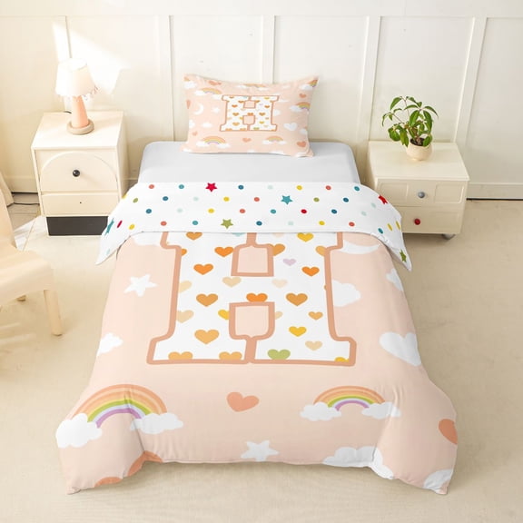 Feelyou Cute Rainbow Love Heart Twin Bedding for Kids, Lovely Star Moon Duvet Cover Set for Bedroom, Peach, Polkadot Reversible, 1 Duvet Cover and 1 Pillowcase (No Comforter)