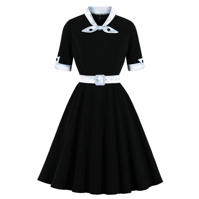 Soldes d'Été Iumwxz Robes à Col à Revers Manches Courtes pour Femmes Tunique Rétro à Fermeture Éclair Robe à Grand Ourlet avec Ceinture Robe Graphique à Blocs de Couleur Robe d'Invitée de Mariage Robes Amples et Fluides