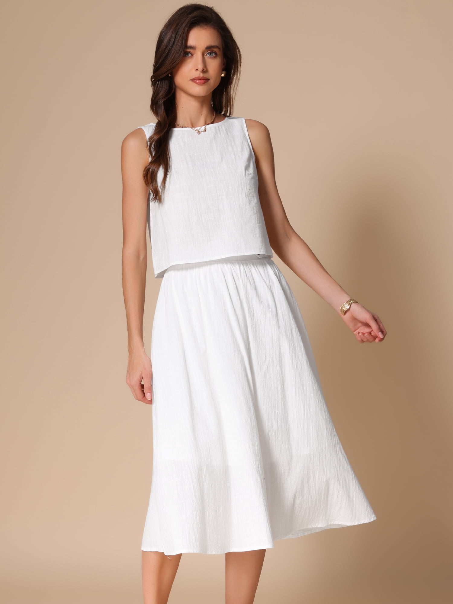 DARING DIVA Women's 2 Piece Round Neck Sleeveless Crop Top Midi Skirt Suit Set XS Beige