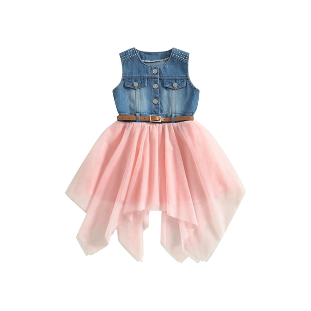 xiaxaixu Robe d'Été Patchwork pour Tout-Petites Filles Sans Manches Col Rond à Boutons Robe en Denim en Maille avec Ceinture