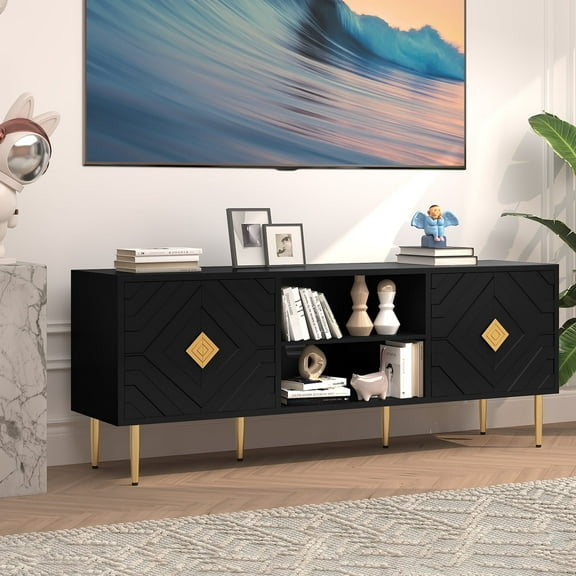 HLR Modern Relief 63" TV Stand for 75 Inch TV with Storage, Entertainment Center for Living Room, Black