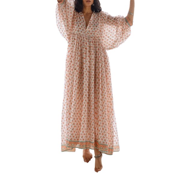 xiaxaixu Robe Longue pour Femme, Robe à Manches 3/4 Col en V à Fleurs Ample d'Été Décontractée Évasée
