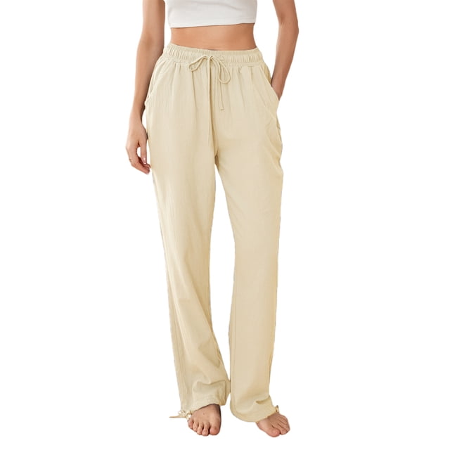 Lucakuins Pantalones de pierna ancha para mujer, cintura elástica con cordón, pantalones largos sueltos sólidos, ropa de calle para uso diario informal Lucakuins moda
