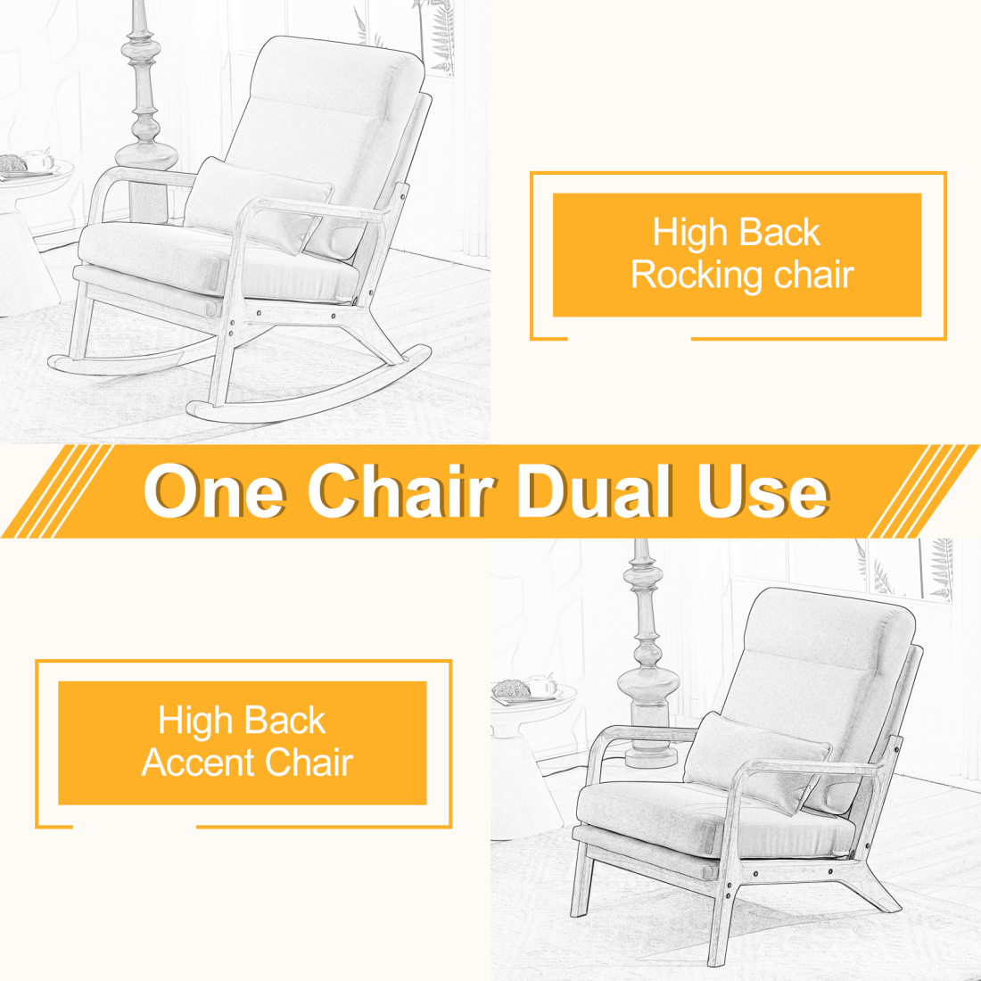 Nursery Rocking Chair, Upholstered Glider Rocker Indoor with High Backrest and Lumbar Pillow, Modern Accent Chairs Comfy Armchair Single Sofa Chair for Nursery Living Room Bedroom, Light Gray