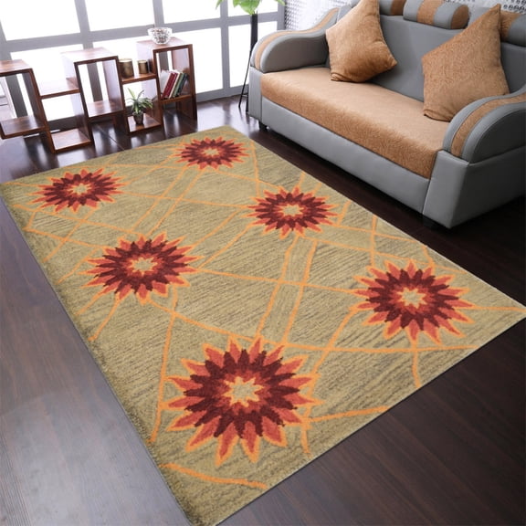 Rugsotic Carpets Hand Tufted Wool Eco-Friendly 5'x8' Area Rugs Rectangle Cream Floral Modern High Pile Thick Handmade Anti Skid Indoor Rug for Living Room, Bedroom K00720