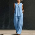 thumbnail image 6 of ClodeEU Women's 2 Piece Linen Outfit Set,Sleeveless Button Down Tank Top and Wide Leg Pants,Casual Summer Loungewear Light Blue,Women's Plus M, 6 of 6