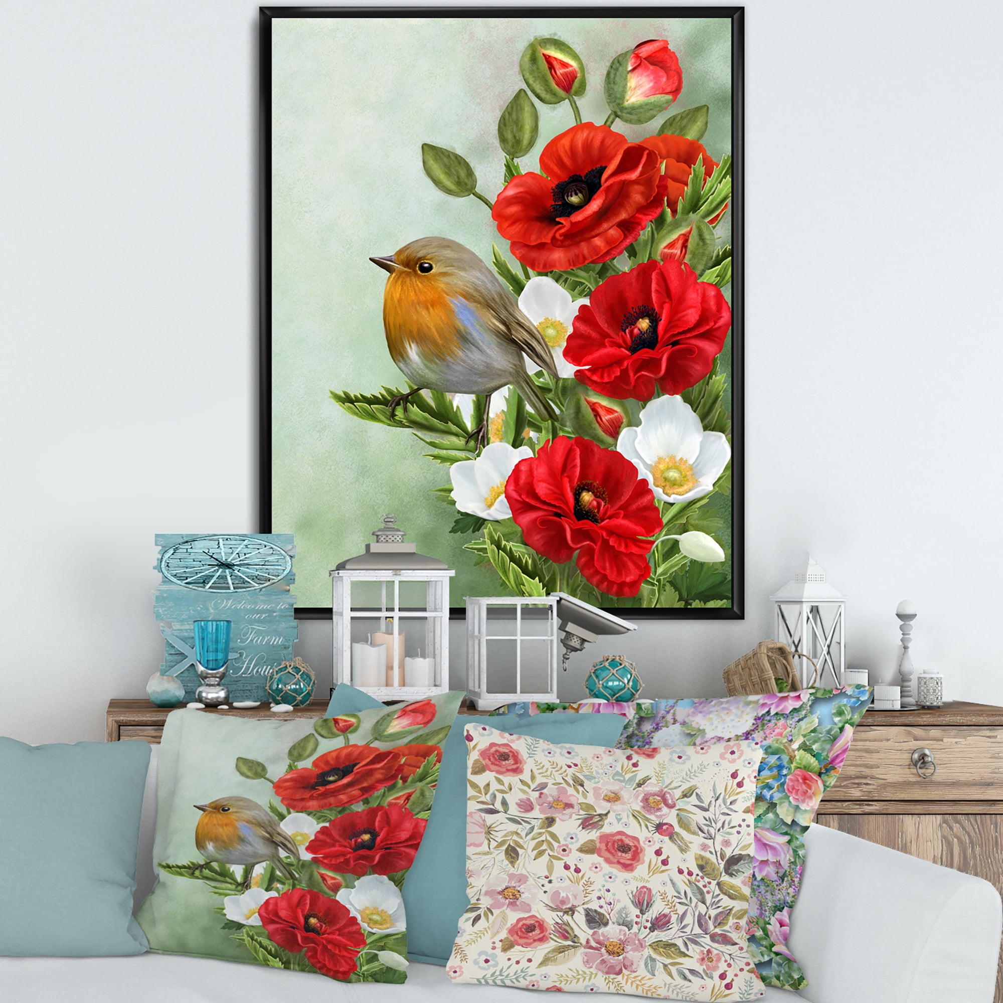 Designart 'Red Poppies and White Anemones With Yellow Bird' Traditional Framed Canvas Wall Art Print