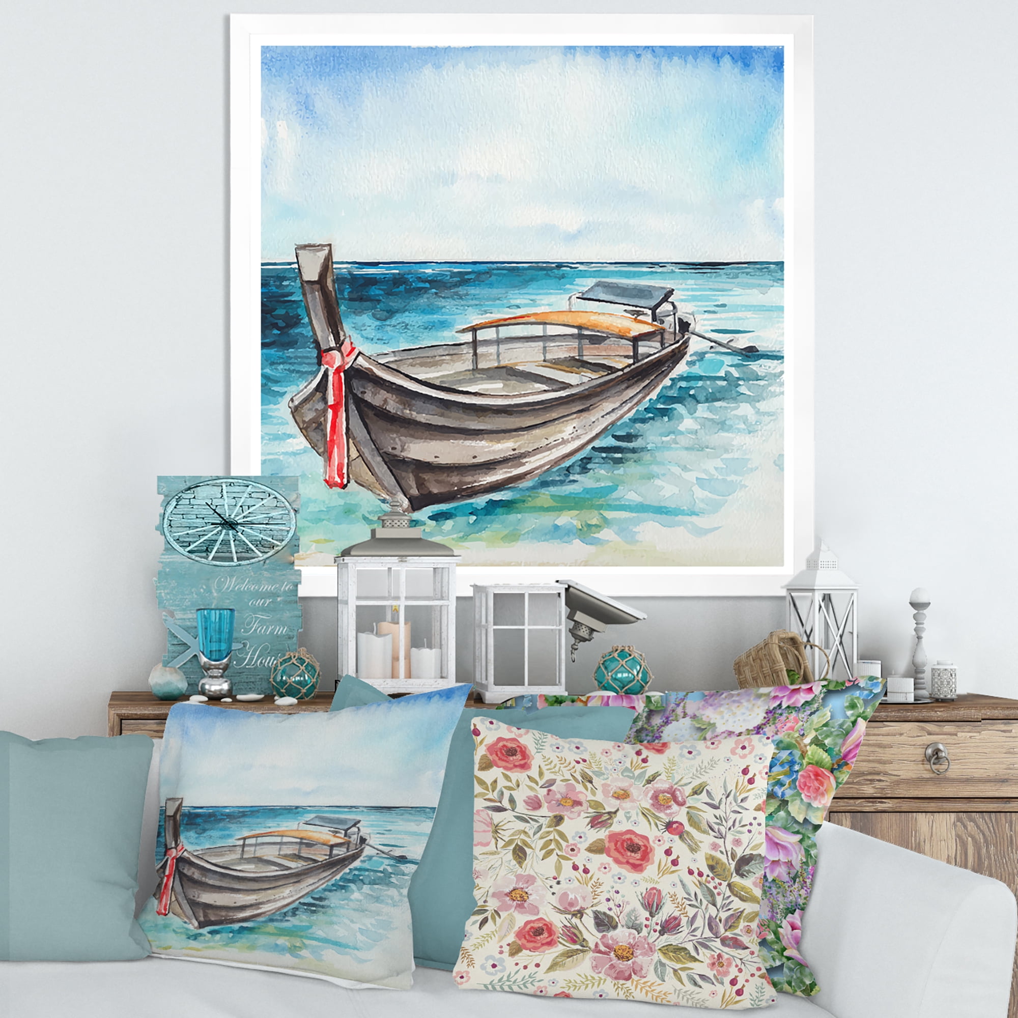 Designart 'Little Boat At The Lake Shore' Nautical & Coastal Framed Art Print