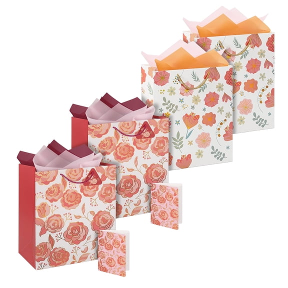 Cheinxy 13.7" Large Rose Flowers Gift Bags 4 Pack,Thickened Gift bag with Handles,Tissue Paper and Greeting Cards,Suitable for Birthday, Wedding, Mother's Day, Valentine's Day& New Year Gifts