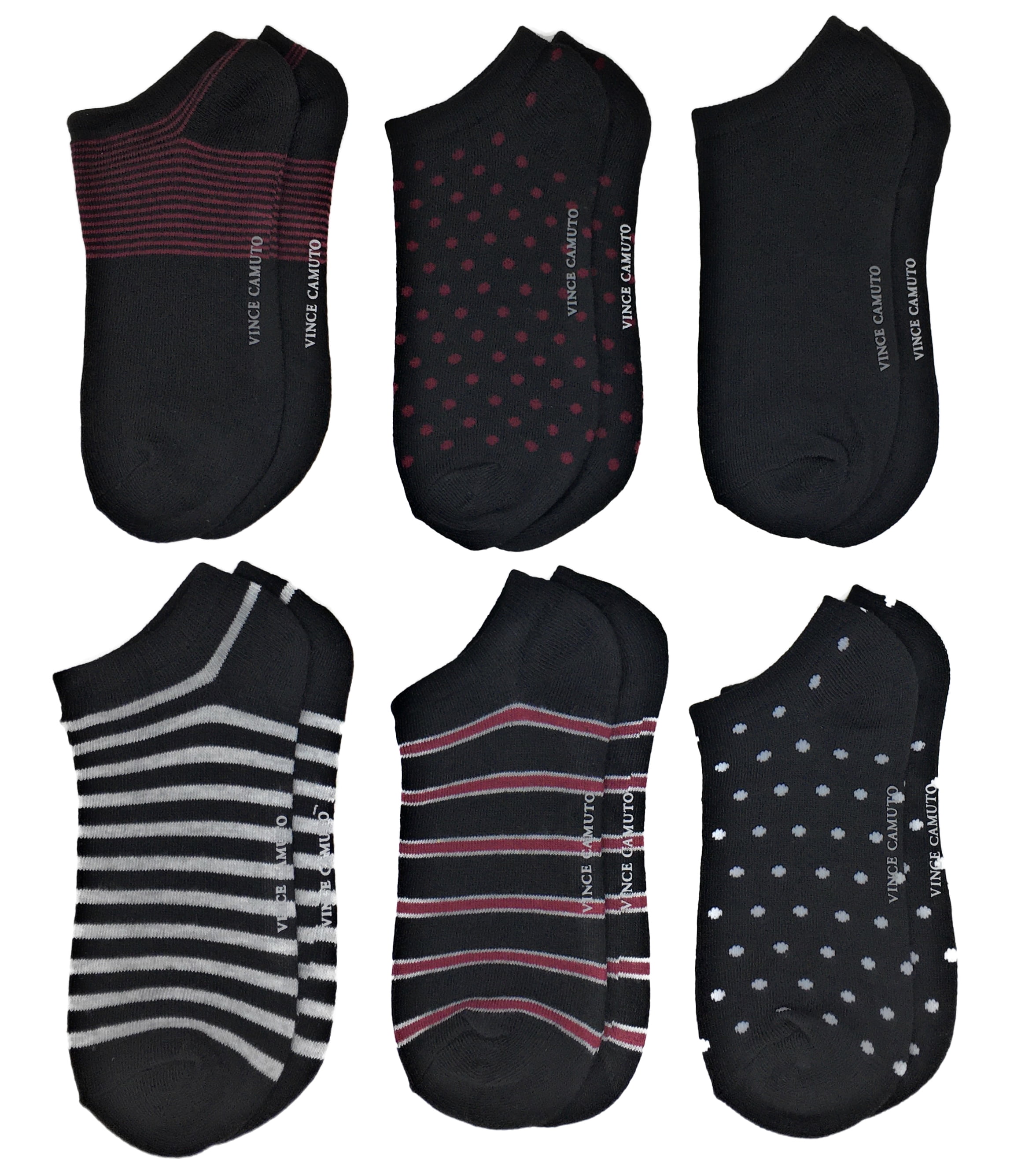 Vince Camuto Womens 6-Pack No Show Socks, One Size, Group F - Black, Greys and Burgundy