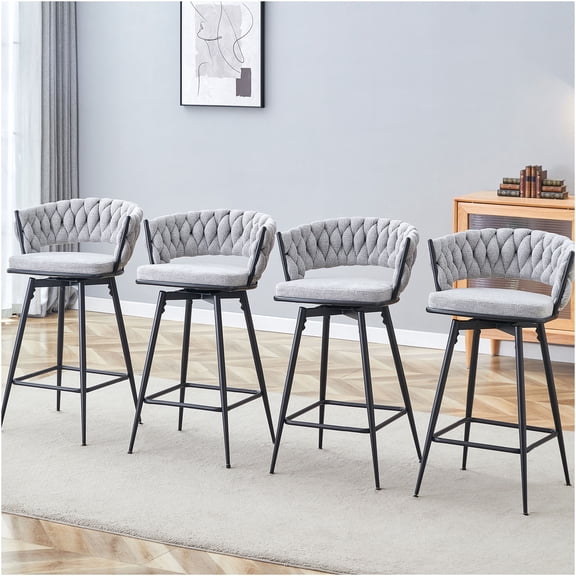 JERFIT 4-Piece Swivel Bar Stool Set with Padded Seats, Antique Grey White Cotton Linen Upholstery, Counter Height Stools for Kitchen Island, Dining or Bar